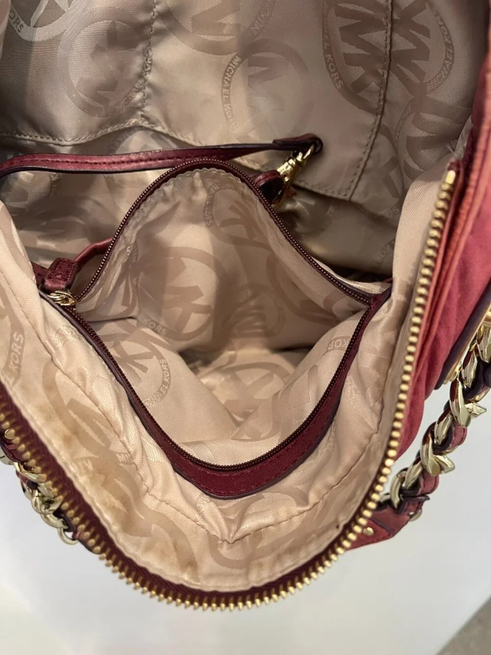 Michael Kors Gathered Leather Chain Shoulder Tote Bordeaux Wine Gold Hardware